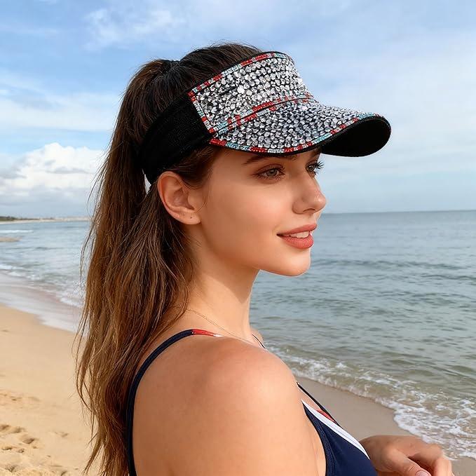 Bling Shiny Rhinestone Sports Sun Visor Hat for Women Summer Adjustable Breathable Beach Visor Caps Running Golf Sun Hat