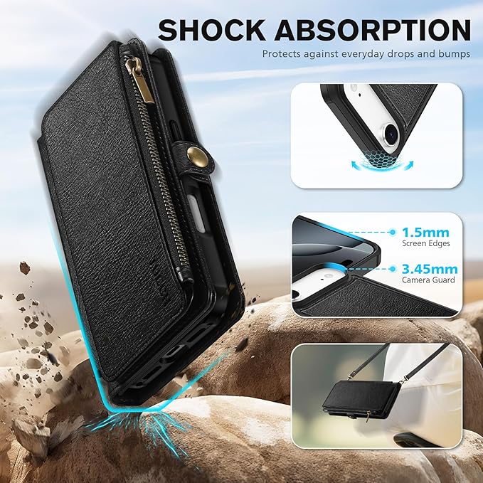 TUCCH Removable Crossbody Case Wallet for iPhone Air 2025, 9 Card Slot RFID Blocking, Stand, Lanyard, Wrist Strap, Wireless Charging, Zipper Pocket, PU Leather, Magnetic Flip Cover, Textured Black