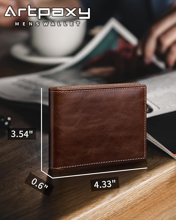 Artpaxy Mens Wallet Bifold Genuine Leather RFID Blocking Wallet for Men with 2 ID Windows 11 Card Holders 2 cash pockets 1 Gift Box