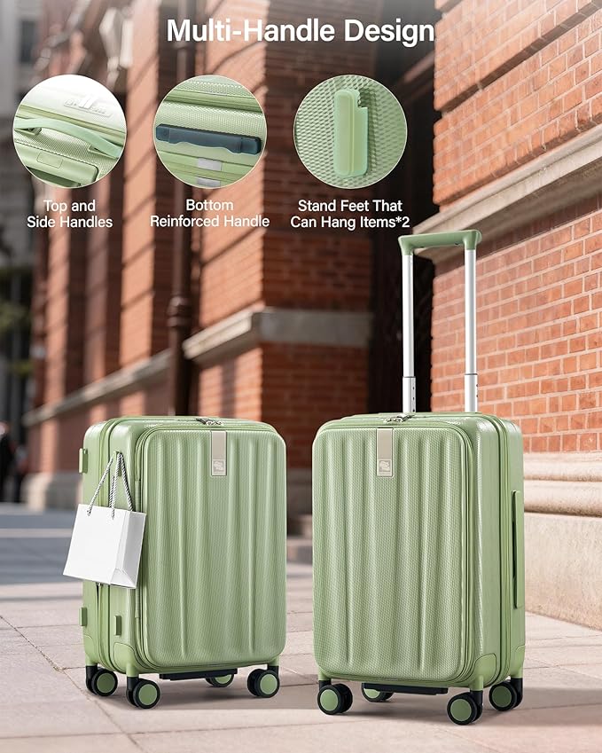 Hanke 20 Inch Expandable Carry On Luggage Airline Approved Top Opening Hard Shell Suitcases with Wheels Lightweight Travel Luggage Carry On Suitcase for Woman Men-Bamboo Green