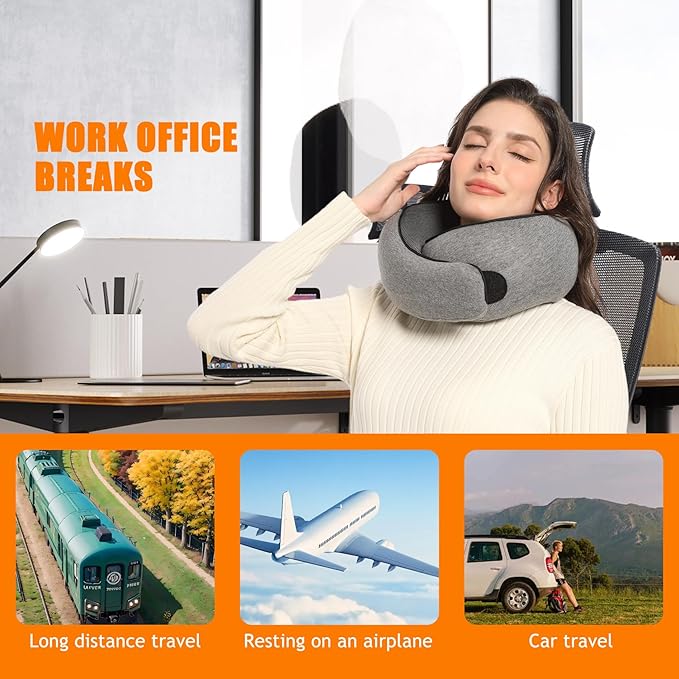 Travel Neck Pillows for Airplanes Or Trains, 360° Head Support Sleep for Long Flight, Skin-Friendly and Breathable, Kit with 3D Contoured Eye Mask, Earplugs and Storage Bag Gifts for Family