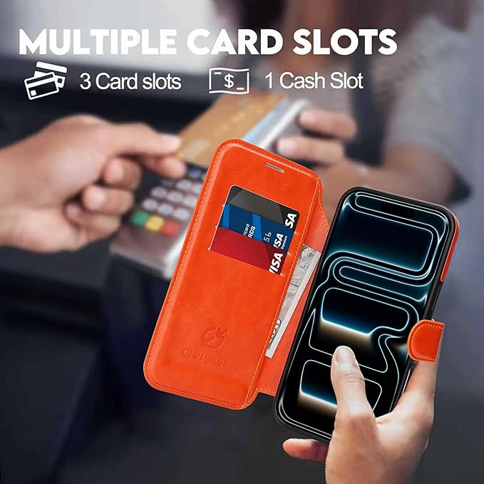 CIVICASE for iPhone 17 Pro Wallet Case with Stand,PU Leather Flip Credit Card Holder Slots (RFID Blocking),Compatible with Magsafe Magnetic Holder Phone Cover Women Men,Orange