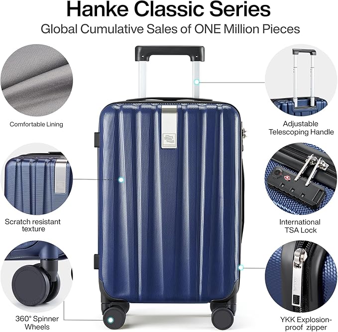 Hanke 20 Inch Carry On Luggage 22x14x9 Airline Approved Lightweight PC Hard Shell Suitcases with Wheels Travel Luggage Rolling Suitcase Travel Luggage Bag for Weekender(Dark Blue)