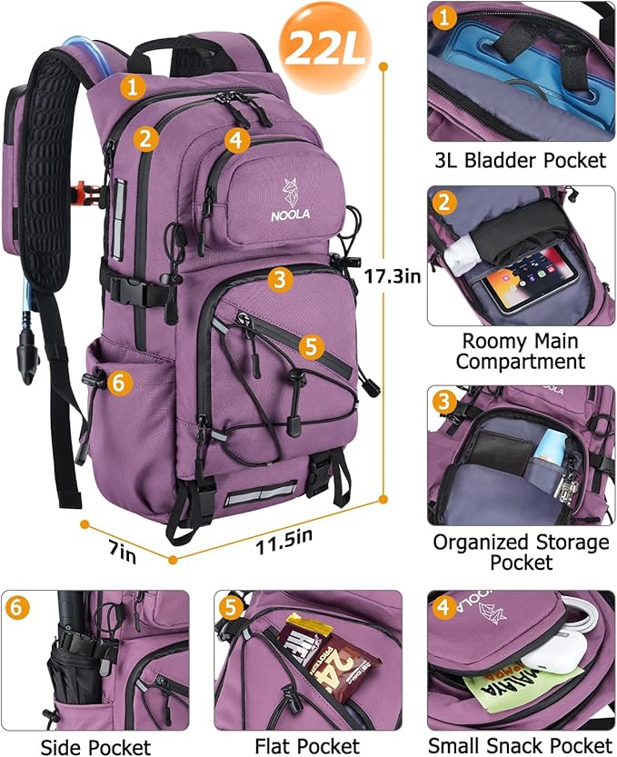 NOOLA Hydration Backpack with 3L Water Bladder - 22L Water Backpack for Hiking, Cycling, Running, Biking - Lightweight Hiking Pack Bag with Rain Cover, Phone Holder and Trekking Pole Holders, Purple
