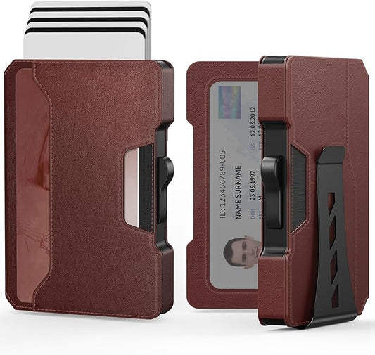 Slim Wallet for Men - Minimalist Mens Wallet with Money Clip, Aluminum Pop Up Card Case and Leather Slots Credit Card Holder RFID Blocking Wallet for Men with Gift Box