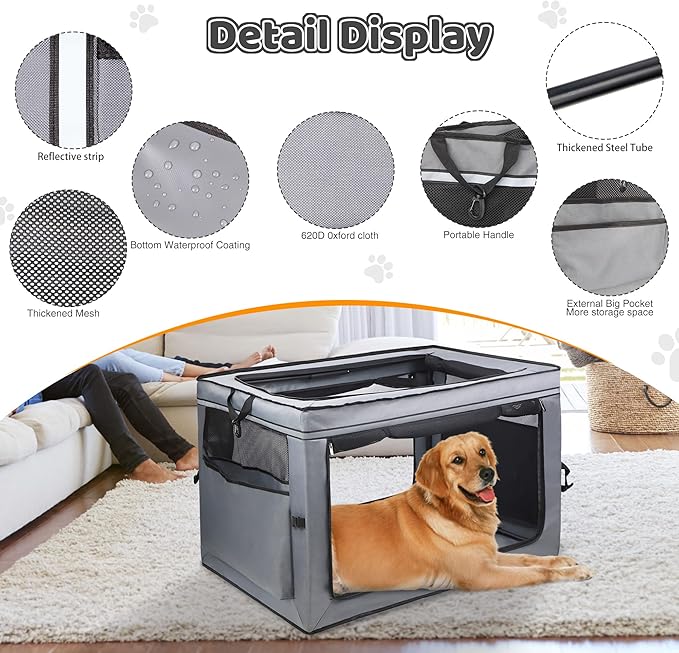 Foldable Pet Crate for Dogs & Cats, Portable Soft-Sided Kennel with Oxford Fabric, Lightweight & Easy to Carry, Travel & Indoor Use, Large