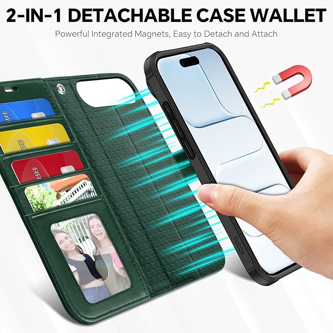 TUCCH Detachable Case Wallet for iPhone Air (6.5") 2025, Removable Wrist Strap, Wireless Charging, Stand, 4 Card Slots RFID Blocking, 2-in-1 Magnetic, PU Leather, Shockproof Folio Cover, Evergreen