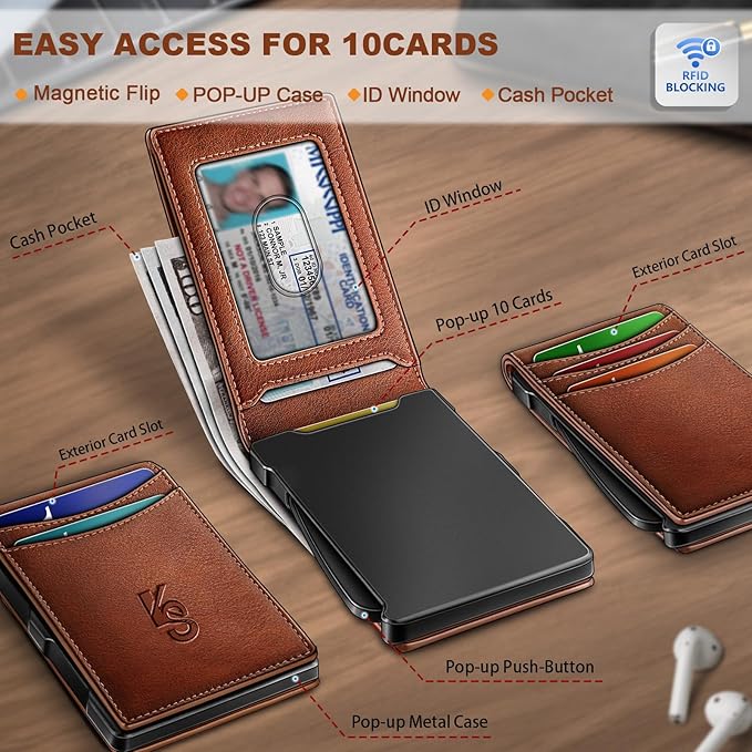 KEMISANT Men Wallet,Slim Wallet Card Case With Magnetic Billfold Flip,Pop-up Access for 12Cards RFID Blocking