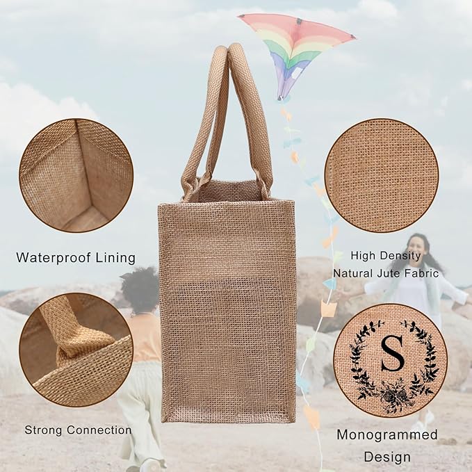 Initial Jute Tote Bags for Women, Thank You Gifts for Birthday, Wedding, Beach, Appreciation Gifts for Teacher