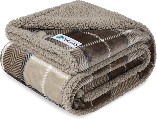 PetAmi Waterproof Dog Blanket for Small Medium Dog Puppy Cat Throw for Couch Cover Leakproof Protection, Sherpa Fleece, Reversible Soft Washable 29x40 Plaid Taupe