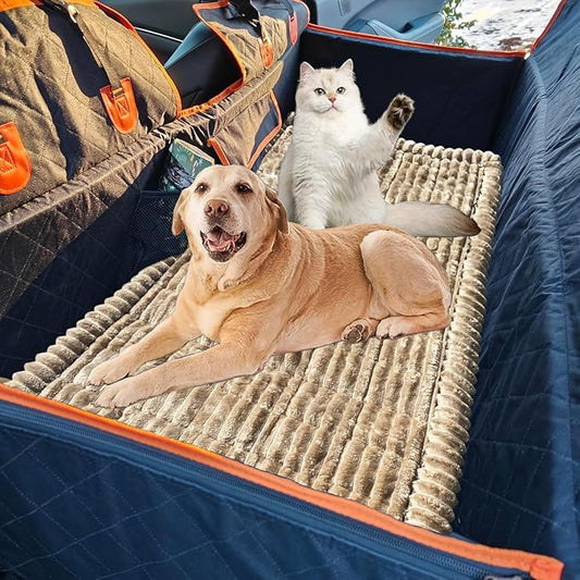 Dog Bed Mat for Car Backseat Extender, Non-Slip Pet Bed Mat for Car Back Seat Protector Cover, Furry Dog Couch Cover, Washable Travel Dogs Bed for Cars, SUVs, Sedans. (51" x 24") (Coffee, M)