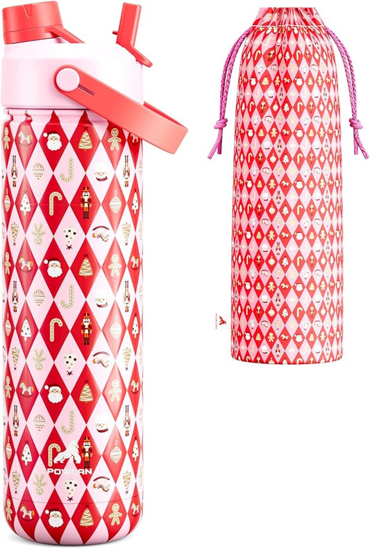 26 oz Christmas Insulated Water Bottle with 2-in-1 Straw and Spout Lid, Keep Cold 24H, Leak-Proof, Fits in Car Cup Holder, Stainless Steel Water Bottle for Gift, Trip, Home (Candy Cane Wishes)