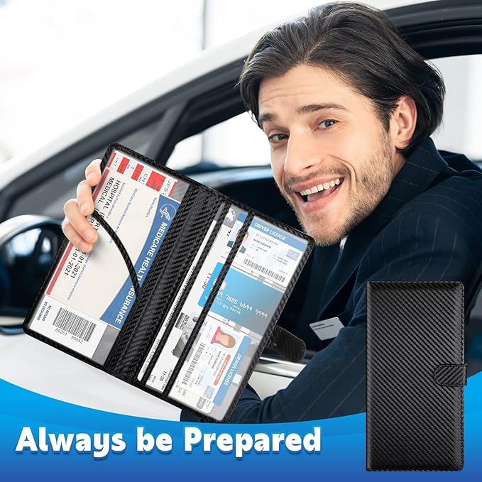 Hanaive 4 Pcs Car Registration and Insurance Card Holder with Magnetic Closure Glove Compartment Organizer Auto Registration and Insurance Wallet for Document Paperwork, Carbon Fiber Black