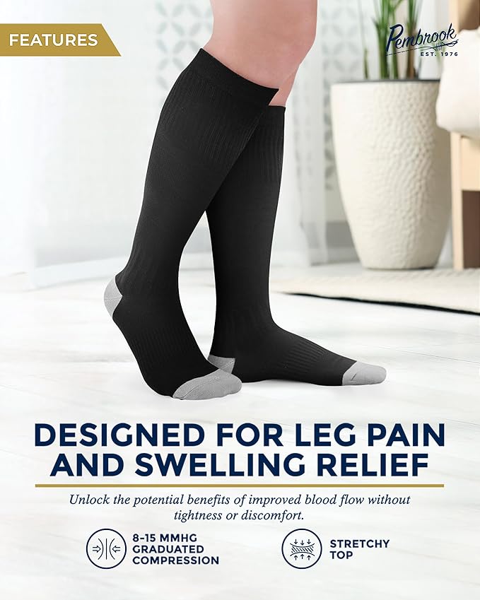 Pembrook Bamboo Viscose Light Compression Socks - 3 Pairs | 8-15 mmhg Compression Socks | Knee High Comfort Support Socks