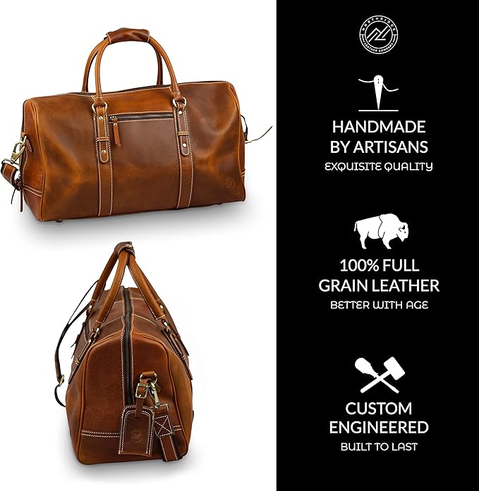 Premium Full-Grain Leather Duffle Bag for Men & Women | 20-Inch Handcrafted TSA Approved Carry-On Weekender Travel Bag with Multiple Pockets & Compartments by Northridge Leather (Tan))