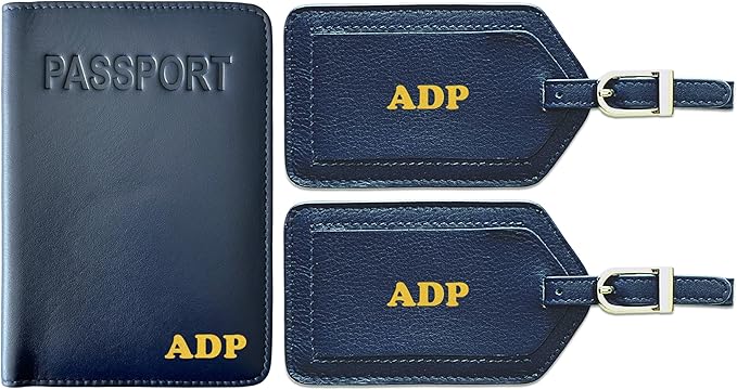 Personalized Monogrammed Navy Leather RFID Passport Cover Holder and 2 Luggage Tags