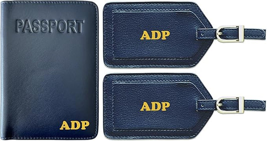 Personalized Monogrammed Navy Leather RFID Passport Cover Holder and 2 Luggage Tags