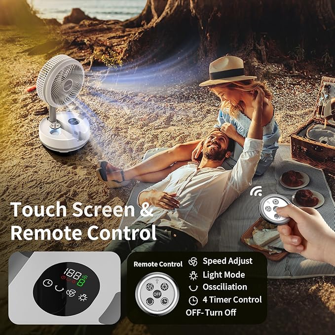 Socool 40000mAh Battery Operated Foldable Fan,Rechargeable Standing Fan, Remote Control & Colorful Light, Oscillating Telescopic, Timer & Digital Display, Foldaway Fans for Camping Travel Outdoor