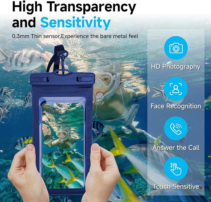Waterproof Phone Case Pouch for iPhone & Samsung up to 7.2" - Swimming Beach Cruise Essentials, Touchscreen Compatible Dry Bag for Swimming, Beach, Boating (Navy Blue)