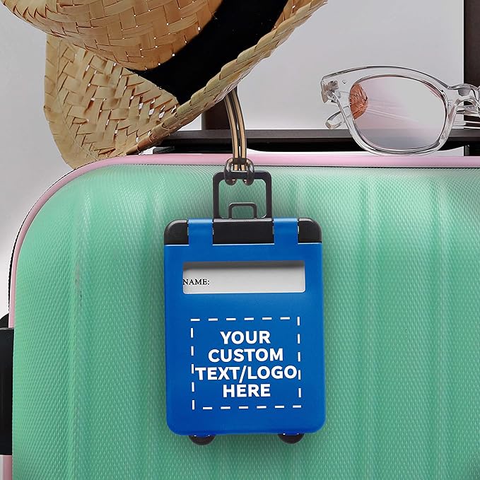 50 Mini Carry-on Luggage Tags Pack - Customizable Text, Logo - Flip Open Cover, ID Sticker - Blue