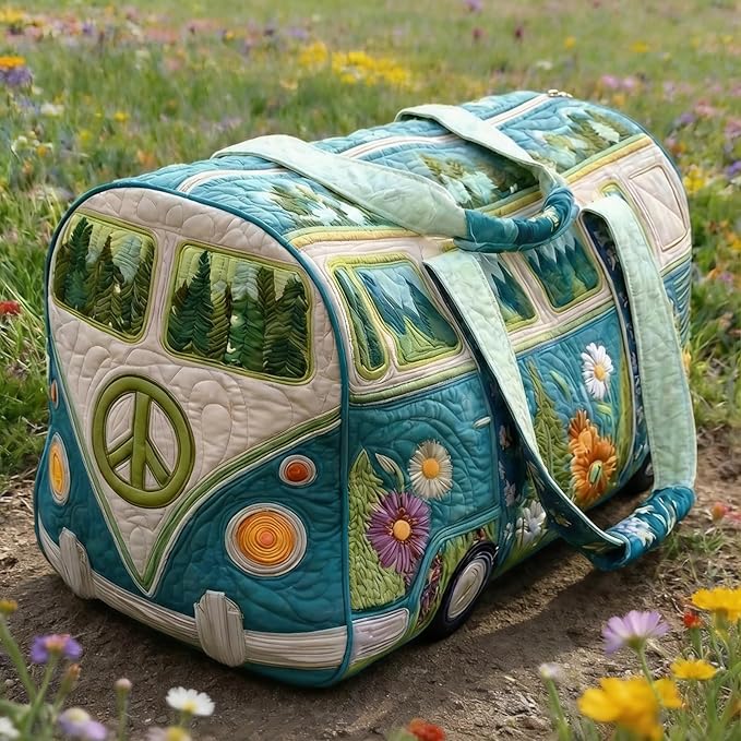 Hippie Journey Quilted Duffel Bag Hippie Van Travel Duffel Bag Vintage Floral Weekender Overnight Bags Women Gym Bags