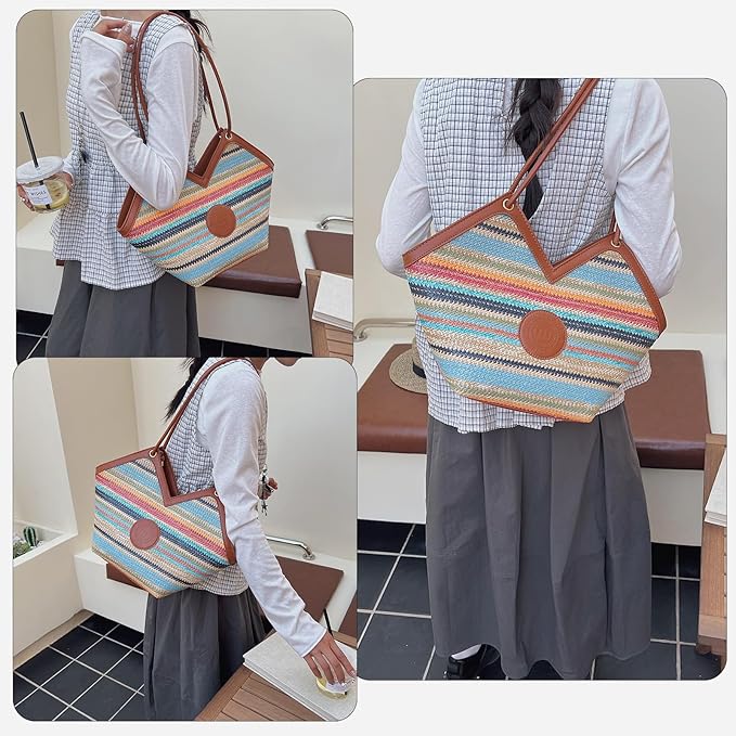 ZOCILOR Women's Straw Shoulder Tote Bag with PU Leather Trim, Large Woven Beach Handbag, Lightweight Casual Summer Purse