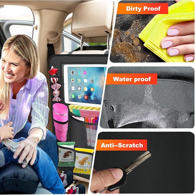 Car Backseat Organizer ，2 Pack Car Organizer Back Seat with 11" Tablet Holder, 10 Storage Pockets Seat Back Protectors Kick Mats for Kids Toddlers, Travel Accessories (Black)