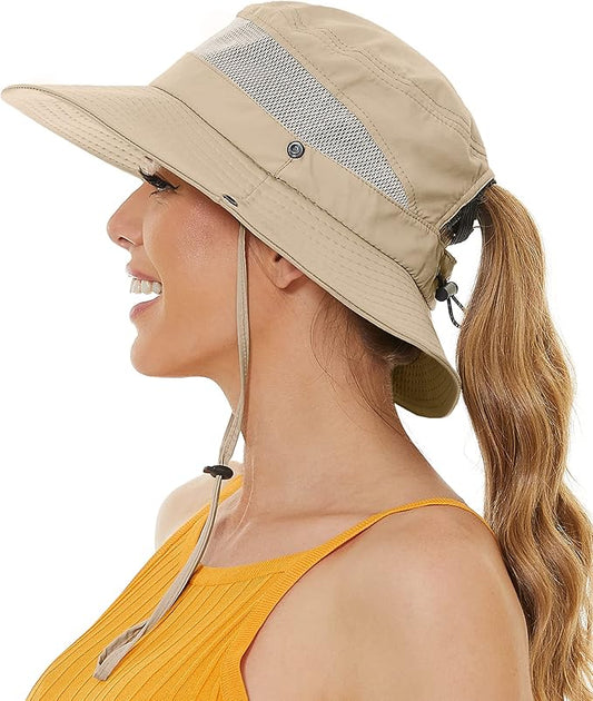 Sun Bucket Beach Hats for Women with Ponytail Hole,Sun Protection UV UPF50+ Waterproof Fishing Safari Hiking Hat