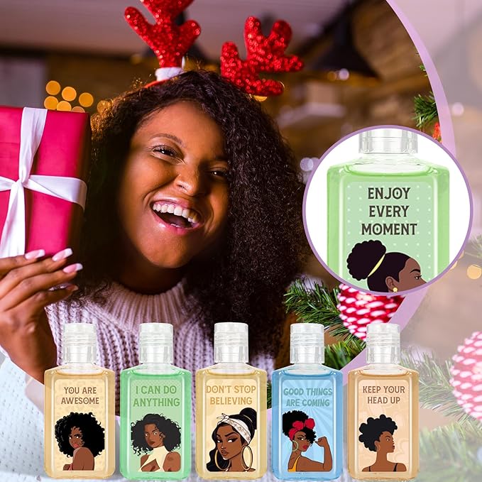 50 Pcs Black Girl Mini Hand Sanitizer Bulk African American Christmas Gifts Inspirational Cute African Girl Small Hand Sanitizer 1fl oz Travel Size Hand Soap for African Black Christmas Party Supplies