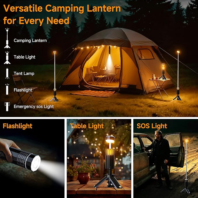 Rechargeable 21000mAh Camping Light, Telescopic Camping Lights, Collapsible Magnetic Camping Lantern with Stand IPX6 Waterproof Flashlights, Camping Lamp for Emergency, Hiking (Black)