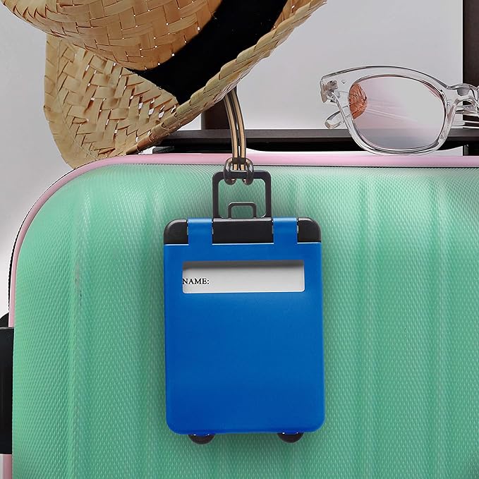 10 Mini Carry-on Luggage Tags Pack - Flip Open Cover, ID Sticker - Blue