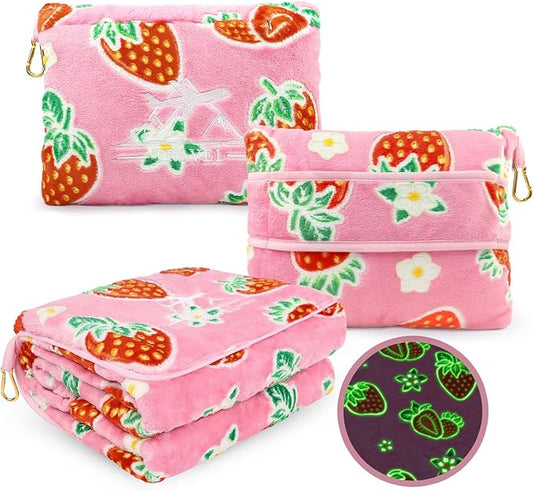 Strawberry Blanket and Pillow Set - Glow in The Dark Kids Travel Blanket Airplane Compact, Soft Fuzzy Pink Fruit Fleece Throws for Car, Plane, Traveling - Cute Strawberry Gifts for Girls 40"x60"