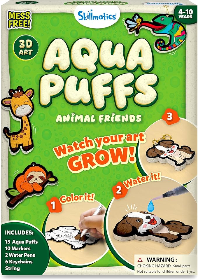 Skillmatics 3D Art Kit - Aqua Puffs Animals, Stocking Stuffers, Paint by Number Craft for Kids, DIY Color & Inflate Activity, Travel & Chirstmas Gift for Girls & Boys Ages 4, 5, 6, 7, 8, 9, 10