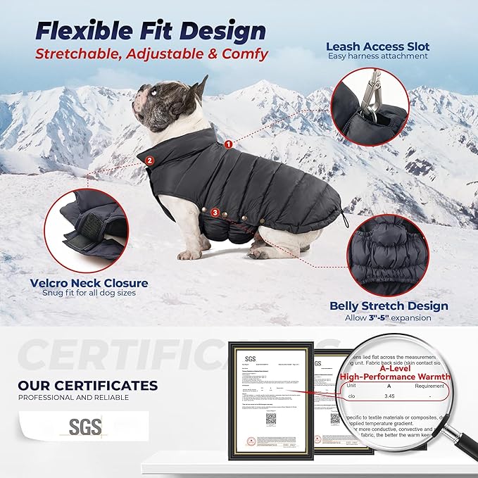 SPACE LION Dog Puffer Jacket, Down Winter Coat, Durable Outdoor Coat for Cold and Windy Conditions, Lightweight & Adjustable Fit Coats for Medium & Large Dogs,(Black, Size16/XL)