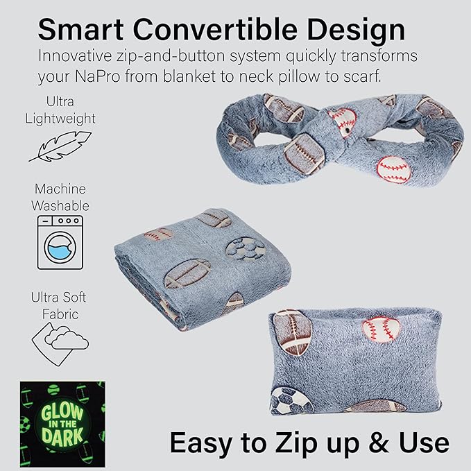 NAPRO Kids 3-in-1 Travel Blanket and Pillow Combo, Convertible Infinity Scarf, Lightweight Neck Support for Airplane, Car & Camping, Glow-in-The-Dark - Sports
