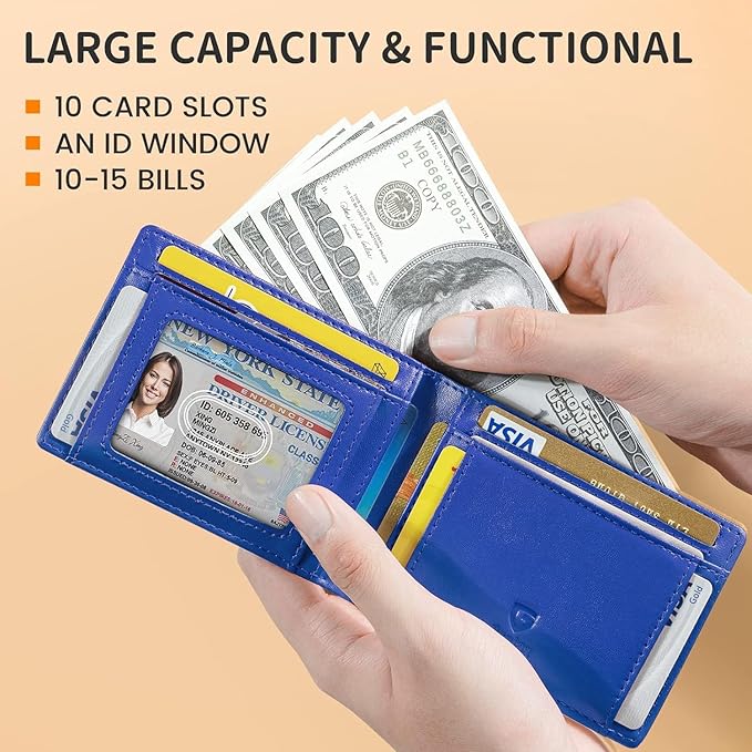 GSOIAX Mens Slim Wallet for Men Minimalist Genuine Leather Carbon Fiber Rfid Blocking Bifold Credit Card Holder With Gift Box (Blue and Carbon Black)