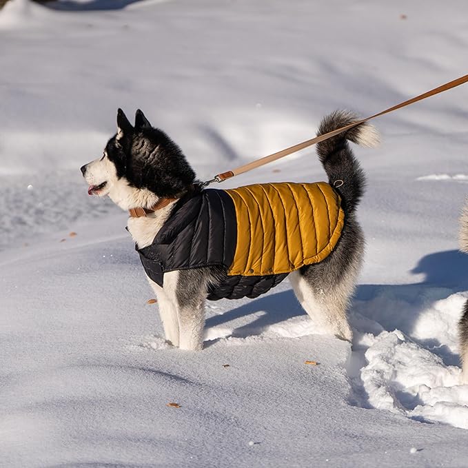SPACE LION Dog Puffer Jacket, Down Winter Coat, Durable Outdoor Coat for Cold and Windy Conditions, Lightweight & Adjustable Fit Coats for Medium & Large Dogs, (BlackKhaki, Size20/XL)