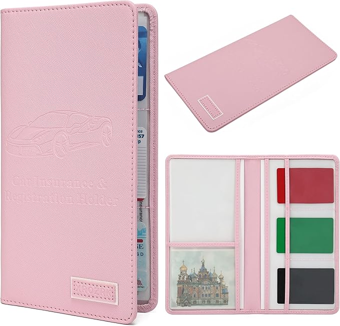 Car Registration and Insurance Holder Glove Box Folder-Premium Car Folder, Car Document Holder for Cards, Driver License & other Essential Documents (pink)
