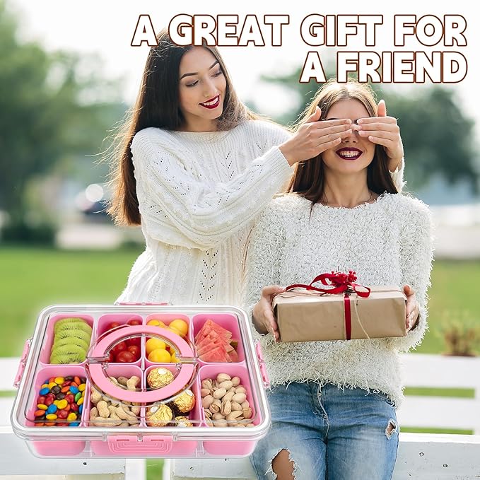 Divided Serving Tray with Lid and Handle, 8 Compartments Snack Box, Portable Platter for Candy Fruits Nuts, Snack Party Entertaining Picnic