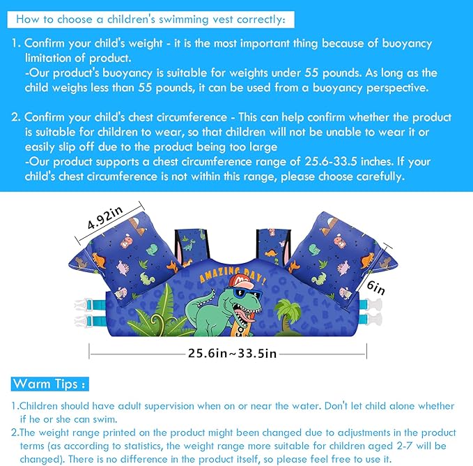 Chriffer Kids Swim Vest Life Jacket for 30-55 Pounds Boys and Girls, Toddler Floaties with Shoulder Harness Arm Wings for 2,3,4,5,6,7 Years Old Baby