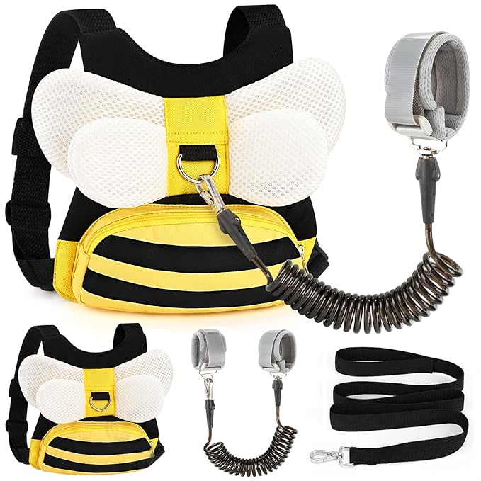 Accmor Toddler Harness Leash + Anti Lost Wrist Link, Cute Bee Kids Harness Backpack with Leash, Child Harness Leash Safety Wristband Strap Belt Protector Christmas Gift for Baby Boys Girls to Outdoor