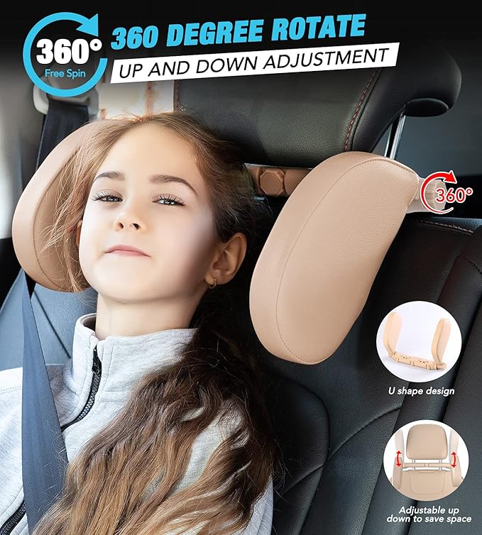 JZCreater Car Headrest Pillow, 180°Adjustable Head Neck Support Pillow, U- Shaped, Travel Sleeping Car Headrests, Only for Car Seat Headrest with 2 Metal Poles， Not for Fixed or Integrated headrests