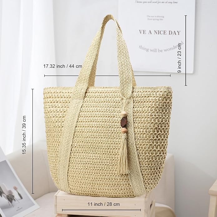 Straw Beach Bags for Women Woven Beach Tote Bag Casual Boho Large Shoulder Handbags Purse for Vacation Holiday