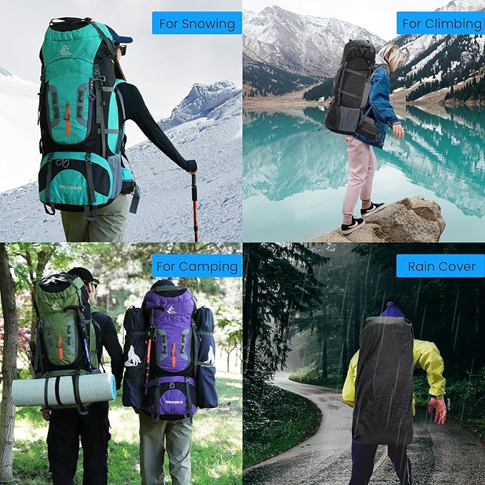 Bseash 80L Waterproof Hiking Camping Backpack with Rain Cover, Lightweight Outdoor Sport Travel Daypack for Climbing Touring (Blue)