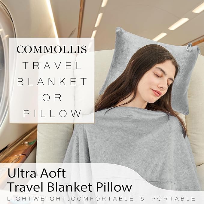 Commollis 2-in-1 Travel Blanket & Pillow for Airplane, Car, Train - Warm Compact Flight Blanket with Luggage Strap & Backpack Clip, Machine Washable, All-Season Use