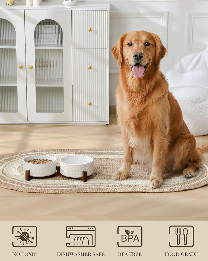 MALACASA Dog Bowl Set with Walnut Wood Stand, 6 Cups Ceramic Pet Bowls for Puppy Dogs, Dual Food and Water Bowls with Weighted Non-Slip Base, Basic Bowls for Your Dog, Rhombic & Polka Dots