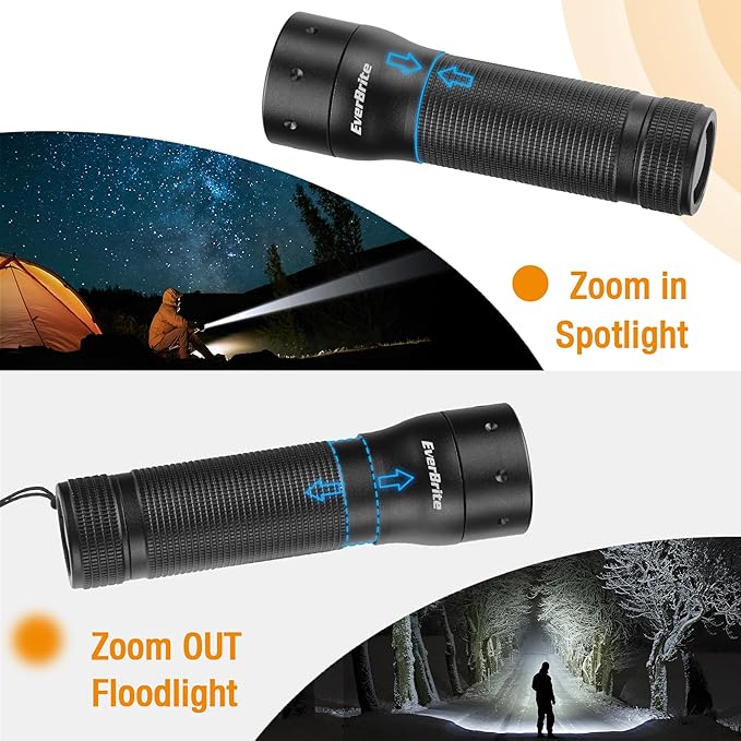 EverBrite Mini Flashlight, Zoomable LED Flash Light, 3 Modes, 3AAA Batteries Included, Handheld Small Flashlight for Camping, Emergency, Home – Black