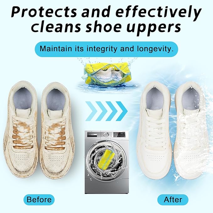 XXL Shoe Washing Machine Bag - 2 Reusable Shoes Cleaning Bags for Washer And Dryer, Durable Zipper Laundry Shoe Bag 360° Deep Clean Sneaker Tennis Include Mesh Wash Bags & Bra Laundry Bags (Yellow)