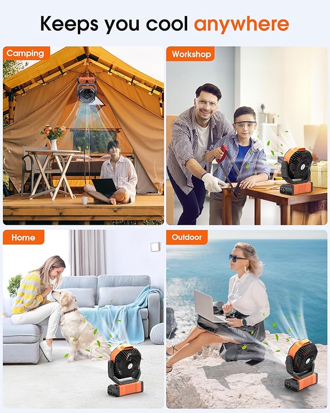 Portable Rechargeable Camping Fan - 20000mAh Cordless Battery Powered Tent Fans with LED Lantern, Remote Auto Oscillating USB C Table Operated Ventilador for Travel Outdoor Beach