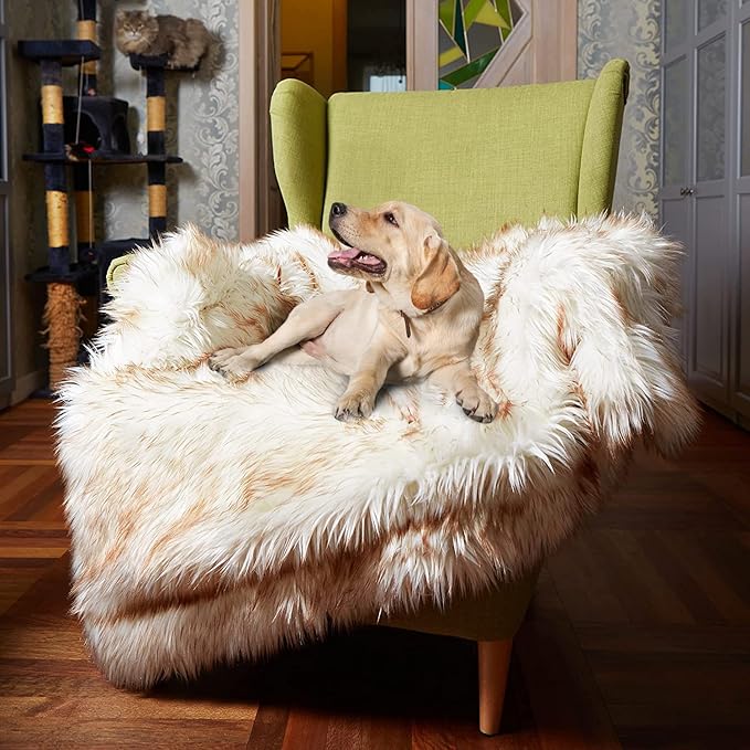 Waterproof Dog Blanket for Small, Medium & Large Dogs – Faux Fur Pet Throw for Couch, Sofa, Bed & Car – Soft, Washable, Stain-Resistant, Durable Cover – White w/Brown Tips – 60" x 50"